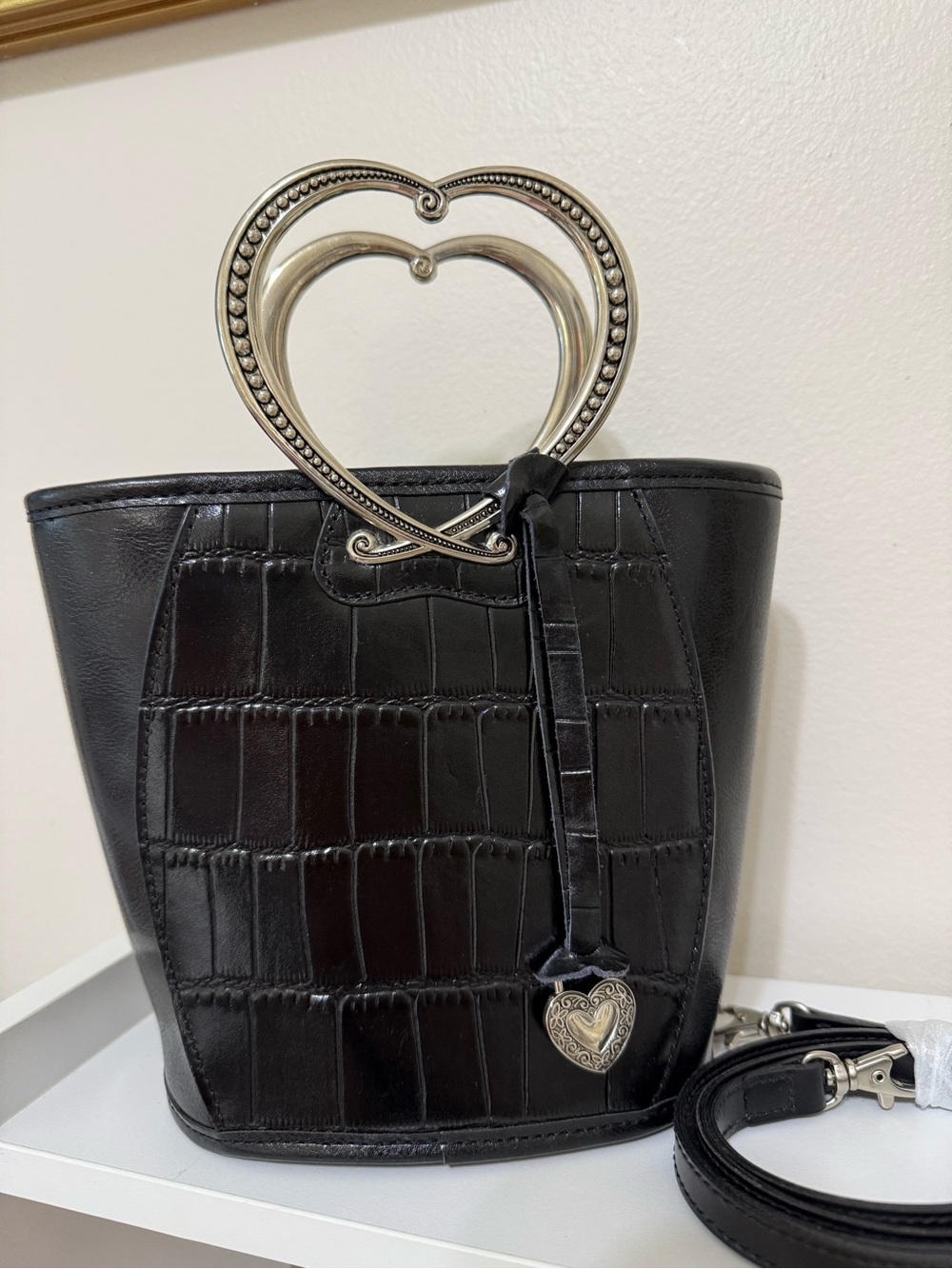 Brighton Corazon Black Croc-Embossed Heart-Handle Bucket Bag